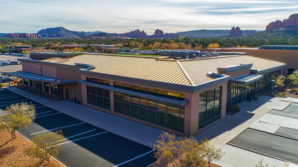A commercial roof on a community recreation center in a location similar to Sedona with a solid gold aesthetic (AI image)