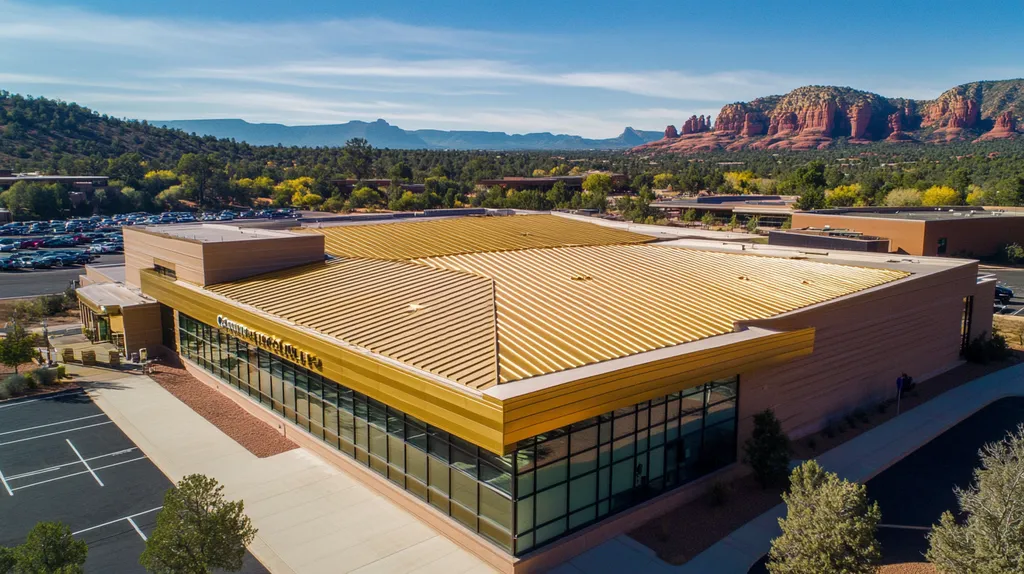 A commercial roof on a community recreation center in a location similar to Sedona with a solid gold aesthetic (AI image)