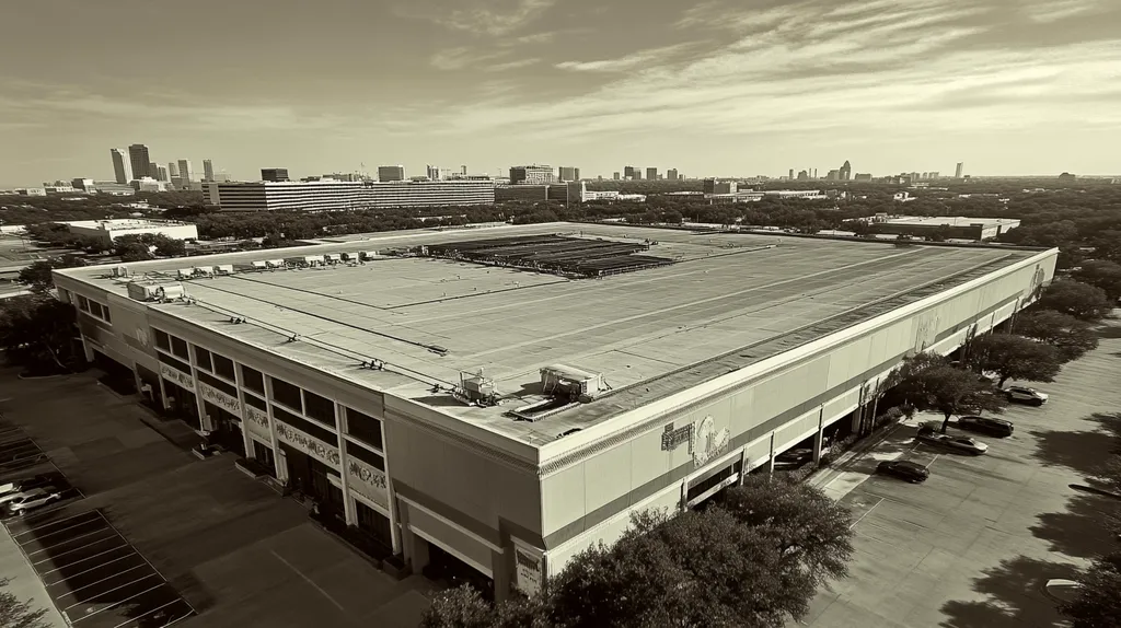 A commercial roof on a convention center in a location similar to Houston with a tintype aesthetic (AI image)