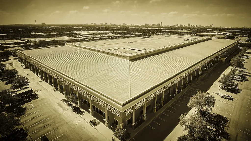 A commercial roof on a convention center in a location similar to Houston with a tintype aesthetic (AI image)