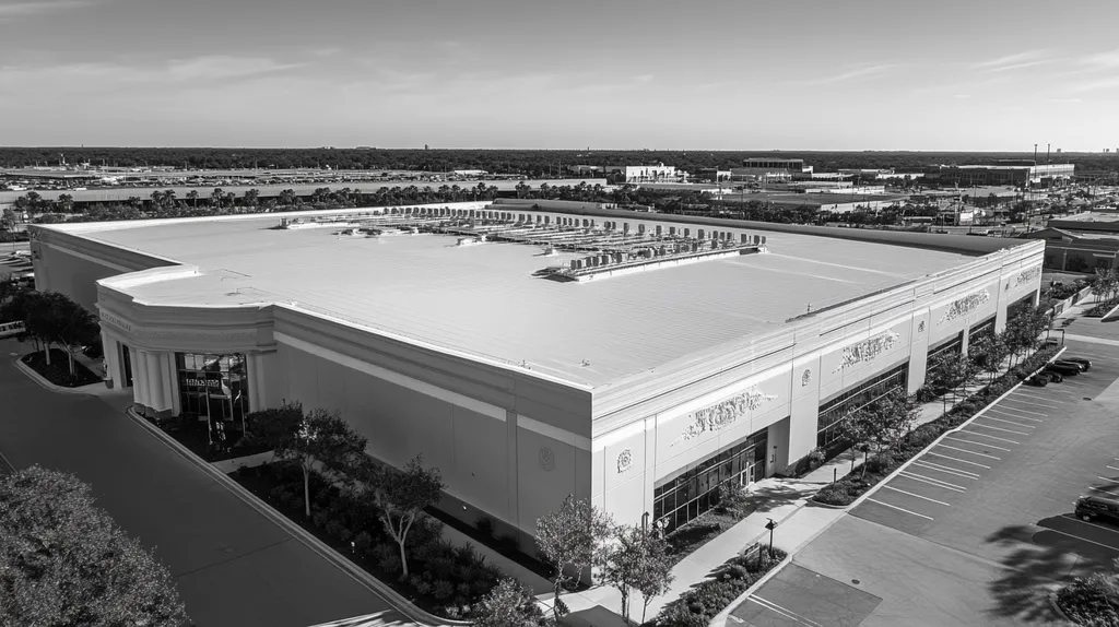 A commercial roof on a convention center in a location similar to Jacksonville with a black and white photography aesthetic (AI image)