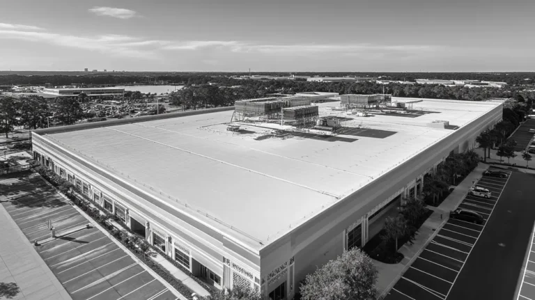 A commercial roof on a convention center in a location similar to Jacksonville with a black and white photography aesthetic (AI image)
