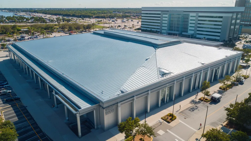 A commercial roof on a convention center in a location similar to Jacksonville with a stainless steel aesthetic (AI image)