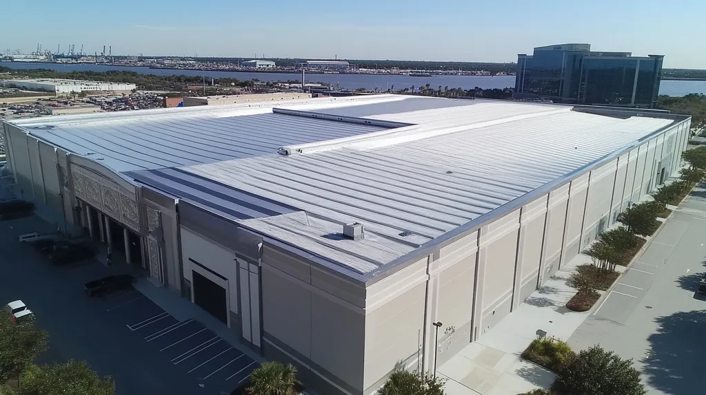 A commercial roof on a convention center in a location similar to Jacksonville with a stainless steel aesthetic (AI image)