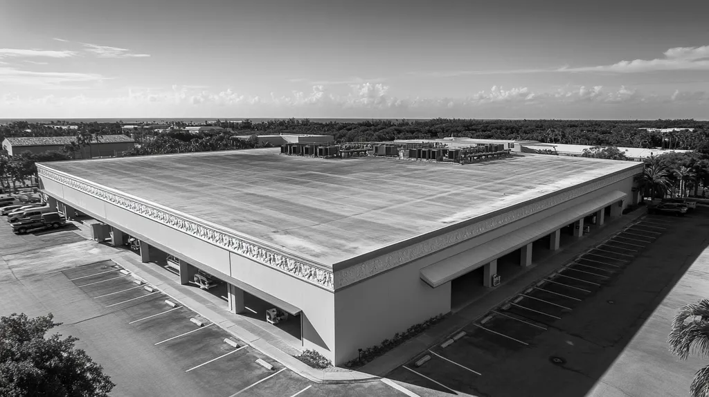 A commercial roof on a convention center in a location similar to Key West with a black and white photography aesthetic (AI image)