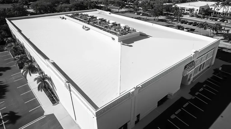 A commercial roof on a convention center in a location similar to Key West with a black and white photography aesthetic (AI image)