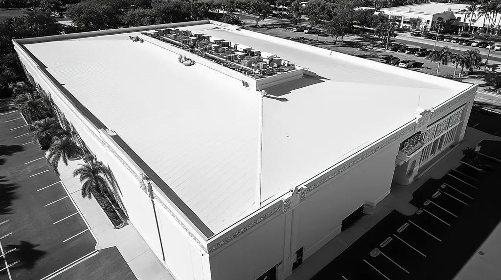 A commercial roof on a convention center in a location similar to Key West with a black and white photography aesthetic (AI image)