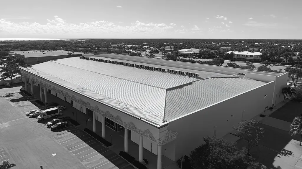 A commercial roof on a convention center in a location similar to Key West with a black and white photography aesthetic (AI image)
