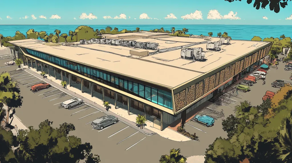 A commercial roof on a convention center in a location similar to Key West with a comic book style aesthetic (AI image)