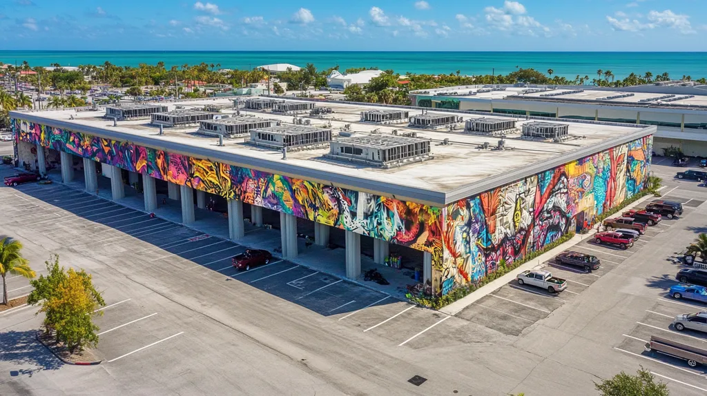 A commercial roof on a convention center in a location similar to Key West with a graffiti mural aesthetic (AI image)