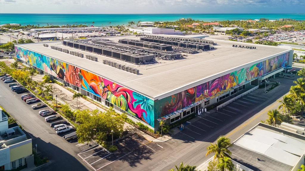 A commercial roof on a convention center in a location similar to Key West with a graffiti mural aesthetic (AI image)