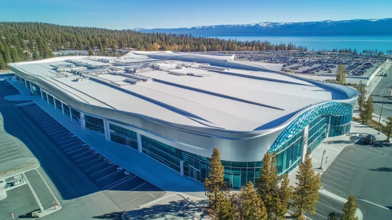 A commercial roof on a convention center in a location similar to Lake Tahoe with a futuristic aesthetic (AI image)