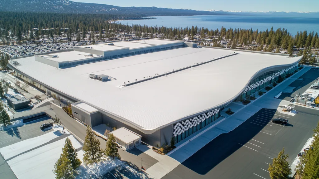 A commercial roof on a convention center in a location similar to Lake Tahoe with a futuristic aesthetic (AI image)