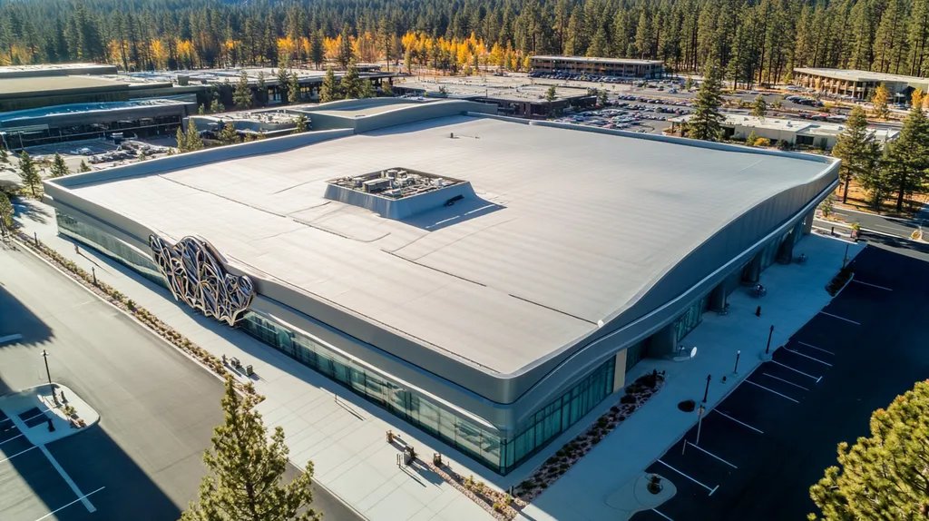 A commercial roof on a convention center in a location similar to Lake Tahoe with a futuristic aesthetic (AI image)