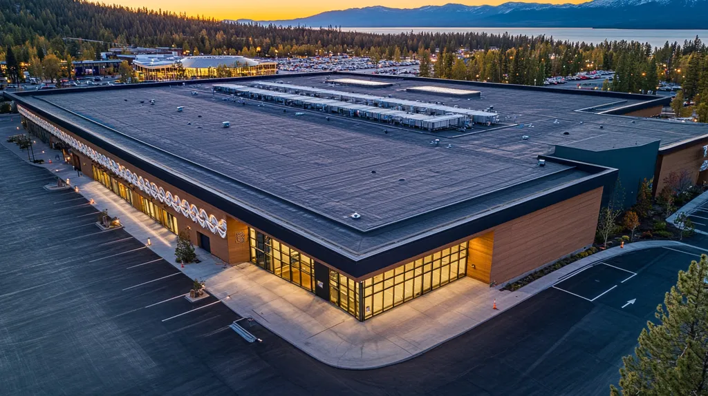 A commercial roof on a convention center in a location similar to Lake Tahoe with an illuminated nightscape aesthetic (AI image)