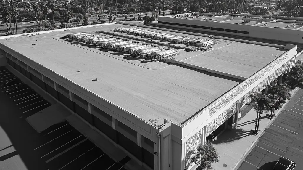 A commercial roof on a convention center in a location similar to Los Angeles with a black and white photography aesthetic (AI image)