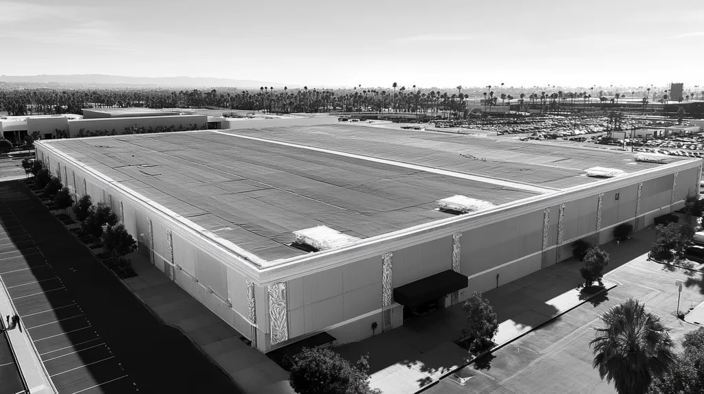A commercial roof on a convention center in a location similar to Los Angeles with a black and white photography aesthetic (AI image)