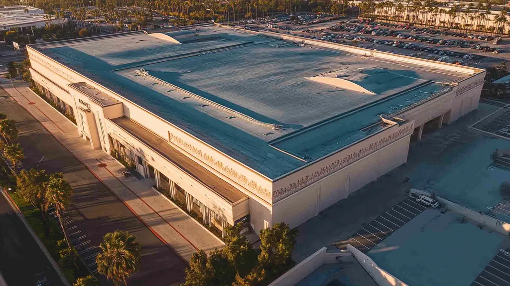 A commercial roof on a convention center in a location similar to Los Angeles with a cross-processed look aesthetic (AI image)