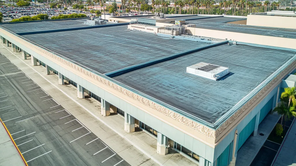 A commercial roof on a convention center in a location similar to Los Angeles with a cross-processed look aesthetic (AI image)