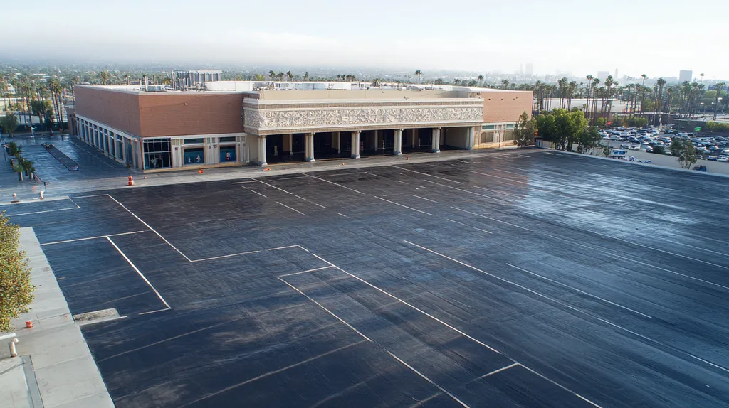 A commercial roof on a convention center in a location similar to Los Angeles with a rainy day aesthetic (AI image)