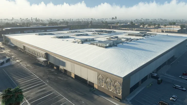 A commercial roof on a convention center in a location similar to Los Angeles with a snowy day aesthetic (AI image)