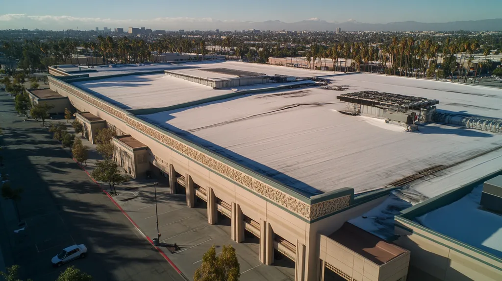 A commercial roof on a convention center in a location similar to Los Angeles with a snowy day aesthetic (AI image)