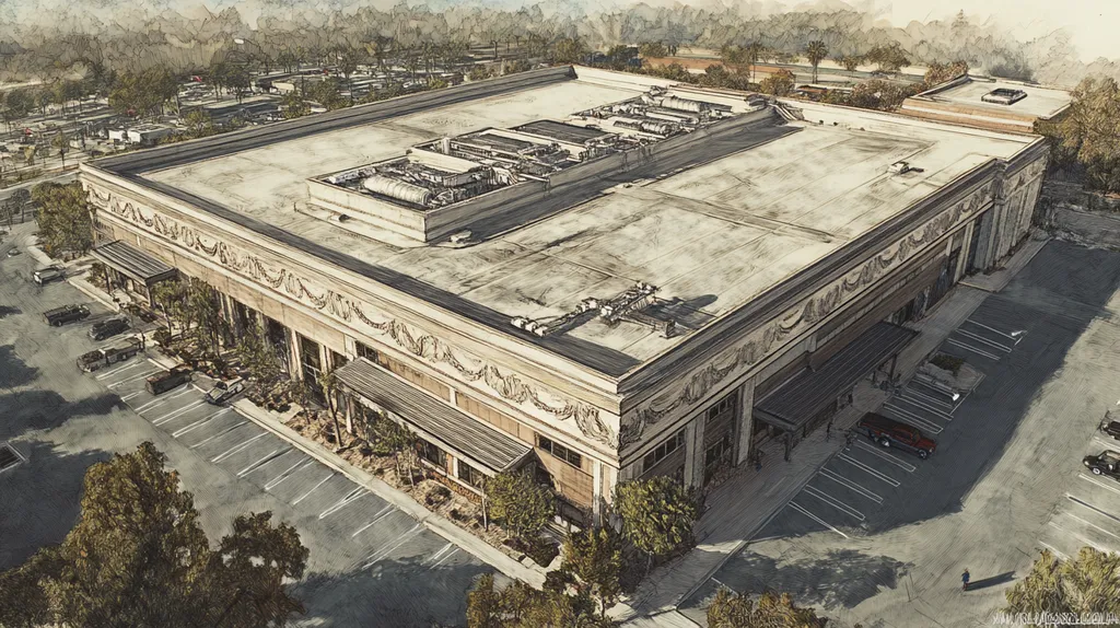 A commercial roof on a convention center in a location similar to Malibu with a charcoal sketch aesthetic (AI image)