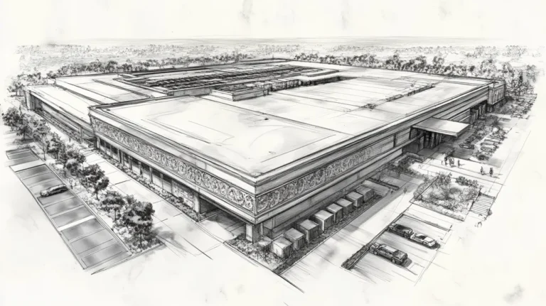A commercial roof on a convention center in a location similar to Malibu with a charcoal sketch aesthetic (AI image)