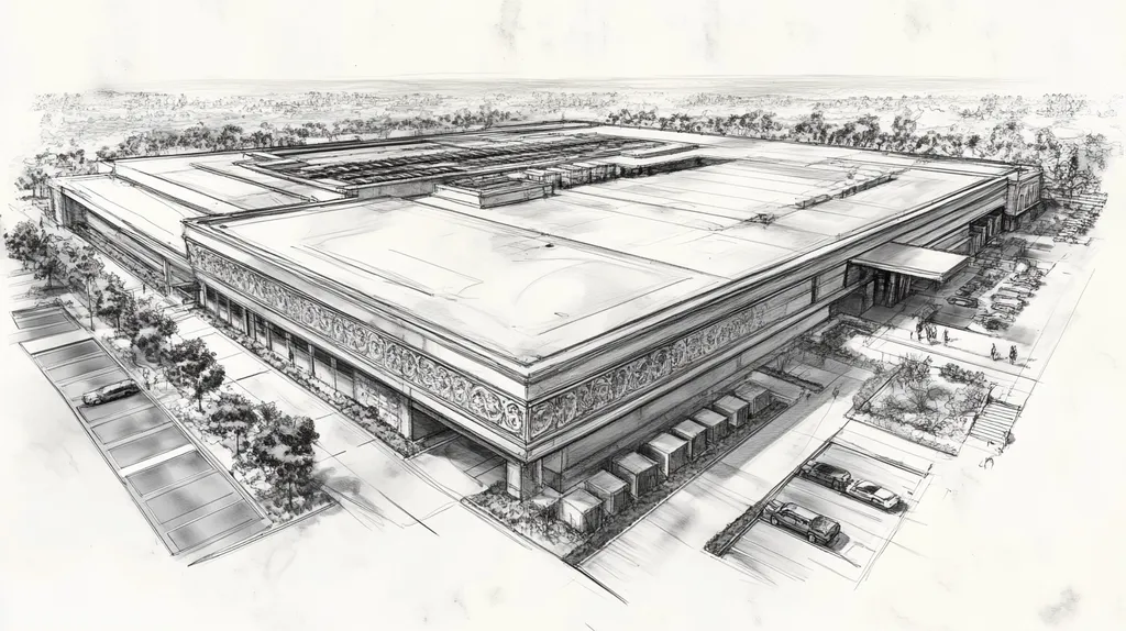 A commercial roof on a convention center in a location similar to Malibu with a charcoal sketch aesthetic (AI image)