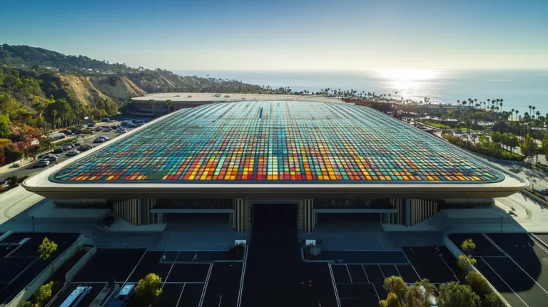A commercial roof on a convention center in a location similar to Malibu with a stained glass style aesthetic (AI image)
