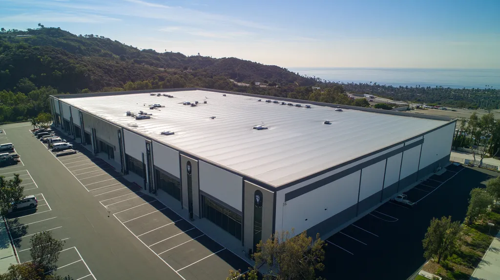 A commercial roof on a convention center in a location similar to Malibu with a stainless steel aesthetic (AI image)