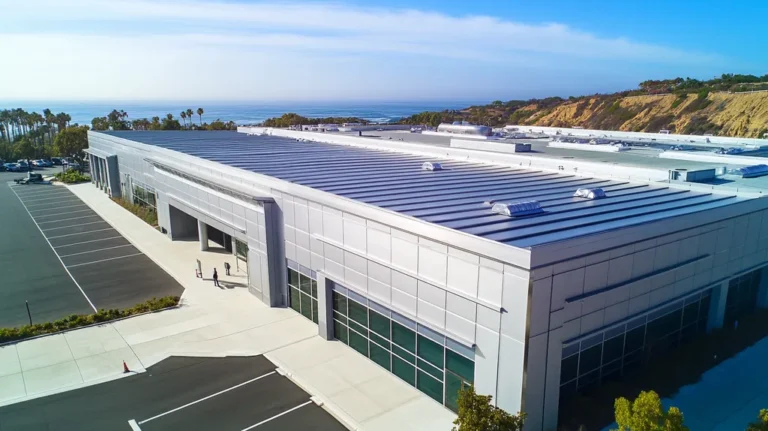 A commercial roof on a convention center in a location similar to Malibu with a stainless steel aesthetic (AI image)