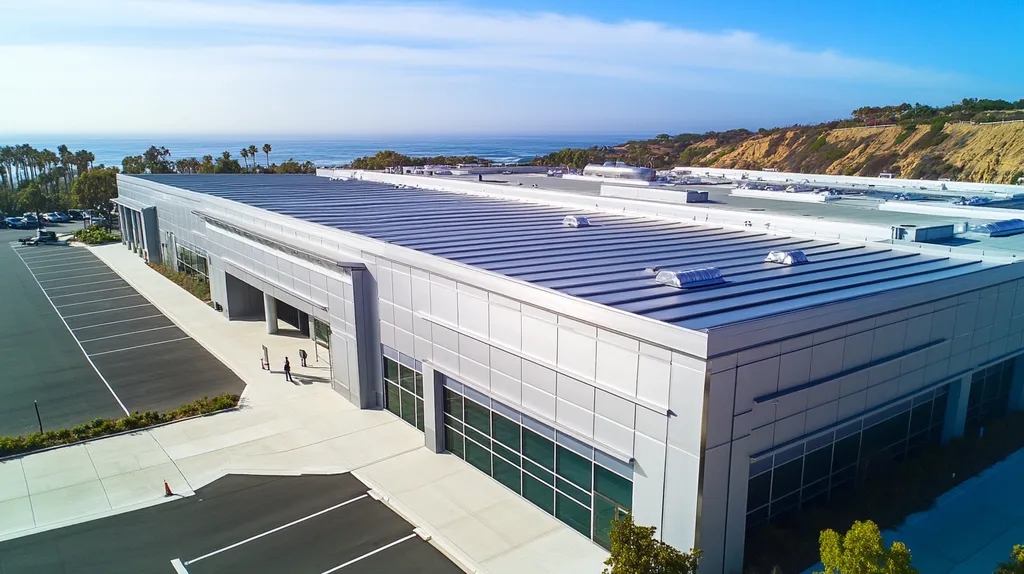 A commercial roof on a convention center in a location similar to Malibu with a stainless steel aesthetic (AI image)