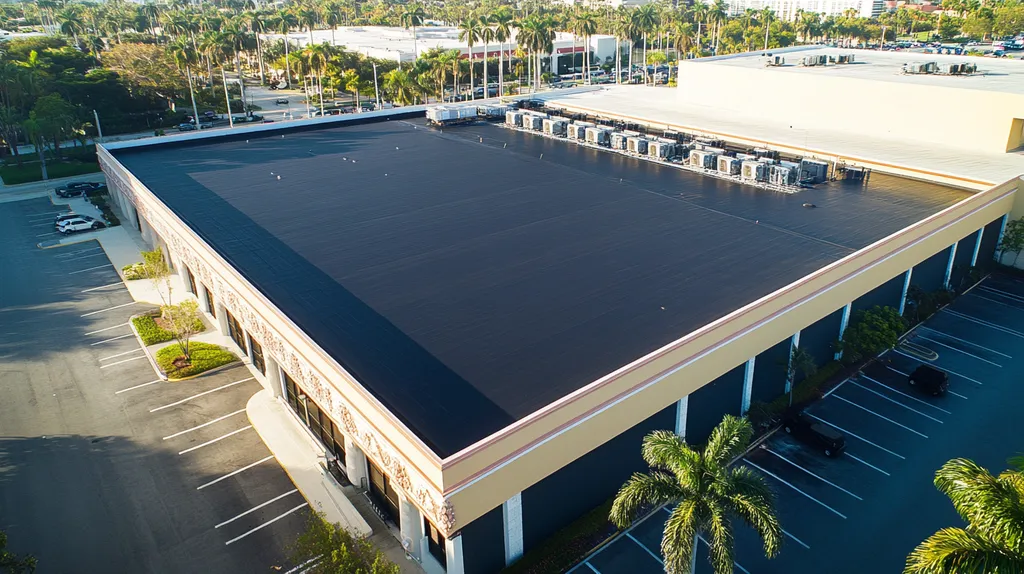 A commercial roof on a convention center in a location similar to Miami with a color highlight aesthetic (AI image)