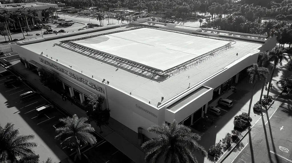 A commercial roof on a convention center in a location similar to Miami with a color highlight aesthetic (AI image)