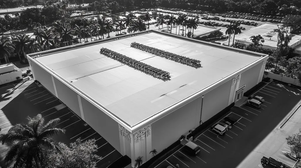 A commercial roof on a convention center in a location similar to Miami with a color highlight aesthetic (AI image)