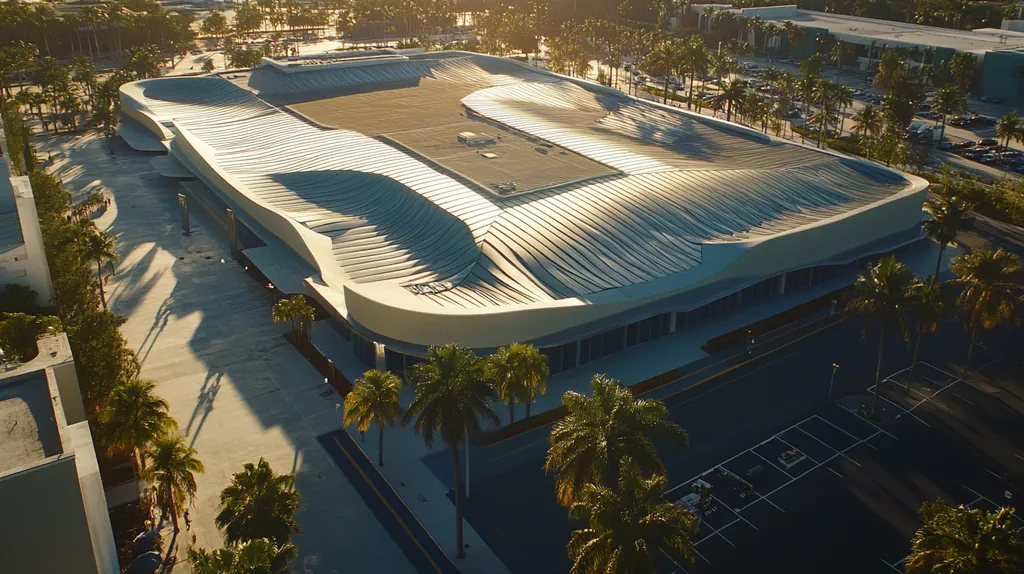 A commercial roof on a convention center in a location similar to Miami with a futuristic aesthetic (AI image)