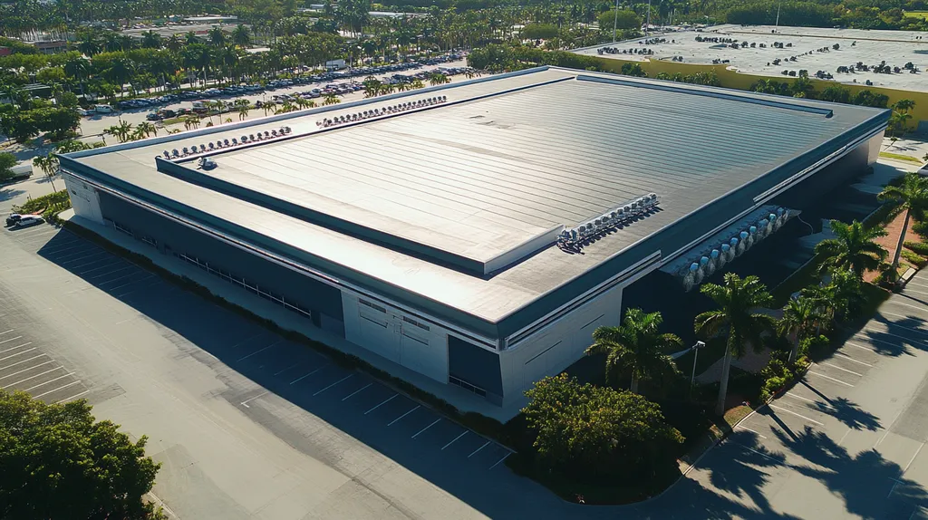 A commercial roof on a convention center in a location similar to Miami with a futuristic aesthetic (AI image)