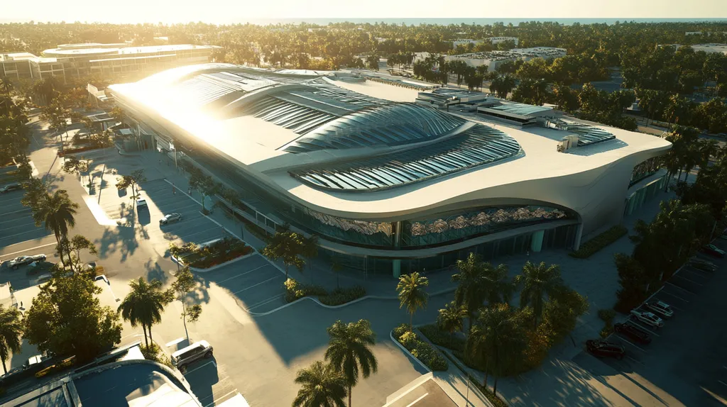 A commercial roof on a convention center in a location similar to Miami with a futuristic aesthetic (AI image)
