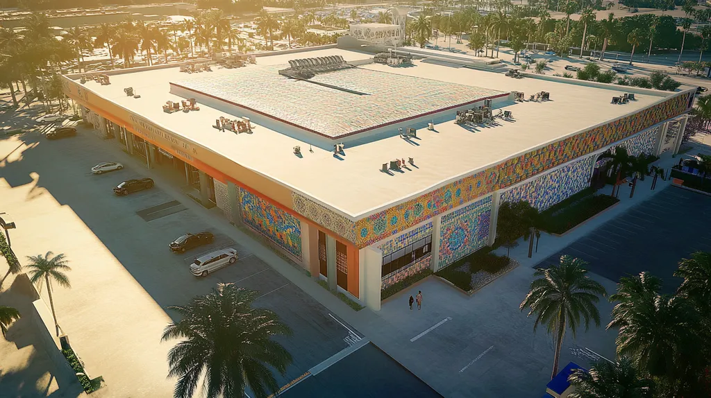 A commercial roof on a convention center in a location similar to Miami with a mosaic tile art aesthetic (AI image)