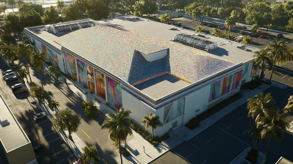 A commercial roof on a convention center in a location similar to Miami with a mosaic tile art aesthetic (AI image)