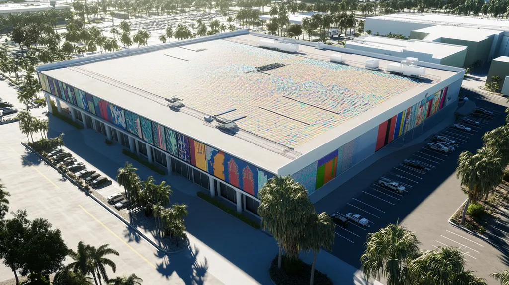 A commercial roof on a convention center in a location similar to Miami with a mosaic tile art aesthetic (AI image)