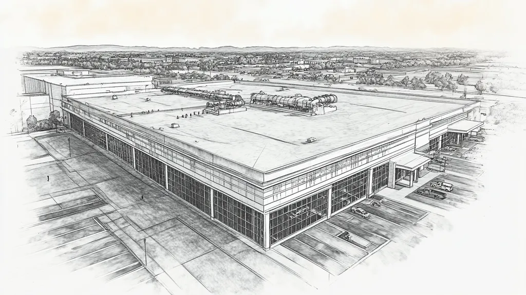 A commercial roof on a convention center in a location similar to Nashville with a charcoal sketch aesthetic (AI image)