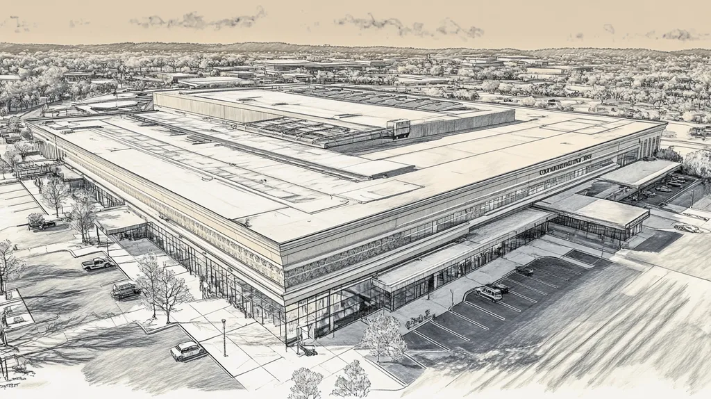 A commercial roof on a convention center in a location similar to Nashville with a charcoal sketch aesthetic (AI image)