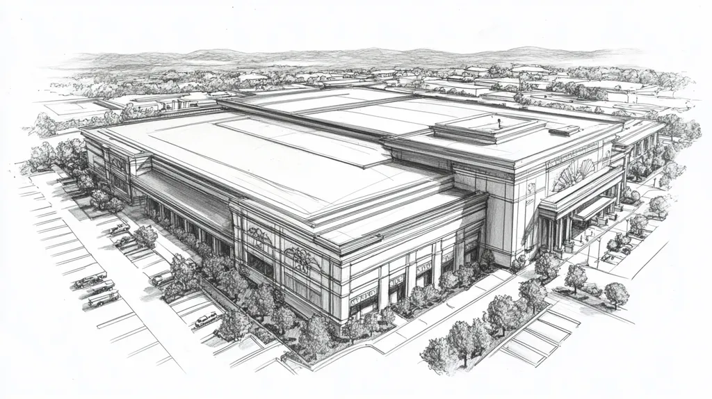 A commercial roof on a convention center in a location similar to Nashville with a charcoal sketch aesthetic (AI image)