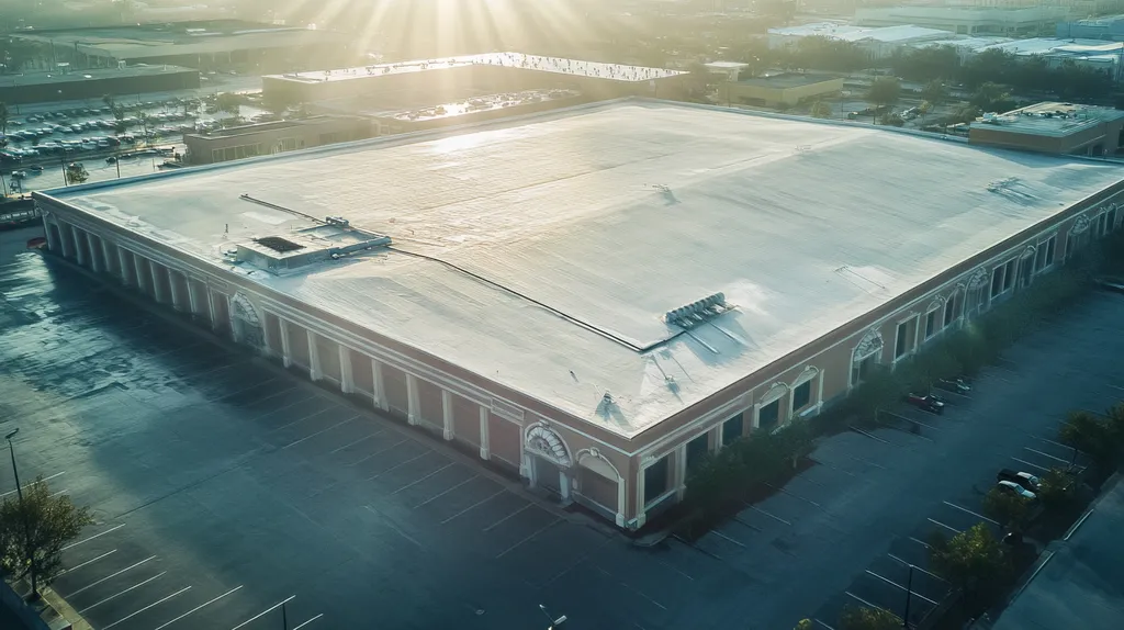 A commercial roof on a convention center in a location similar to New Orleans with a light beams aesthetic (AI image)