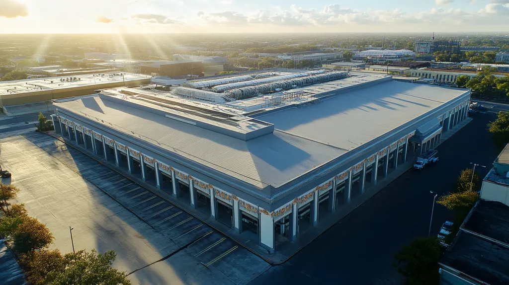 A commercial roof on a convention center in a location similar to New Orleans with a light beams aesthetic (AI image)