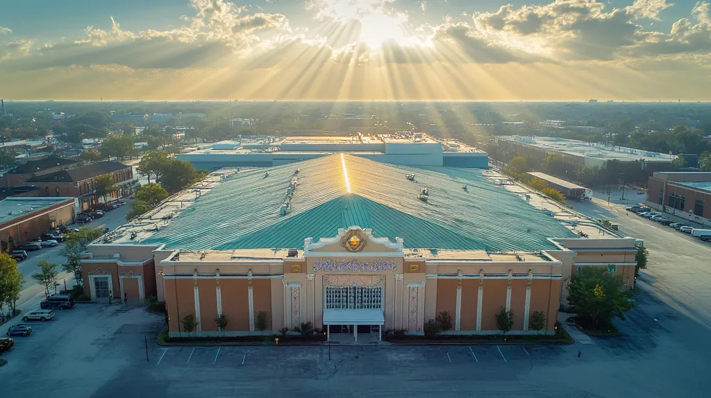 A commercial roof on a convention center in a location similar to New Orleans with a light beams aesthetic (AI image)