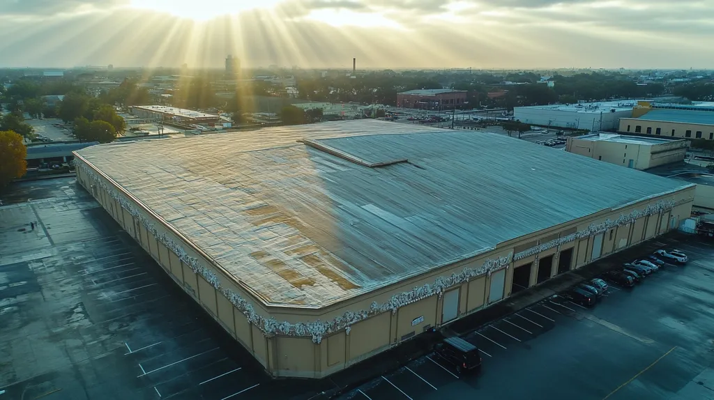 A commercial roof on a convention center in a location similar to New Orleans with a light beams aesthetic (AI image)