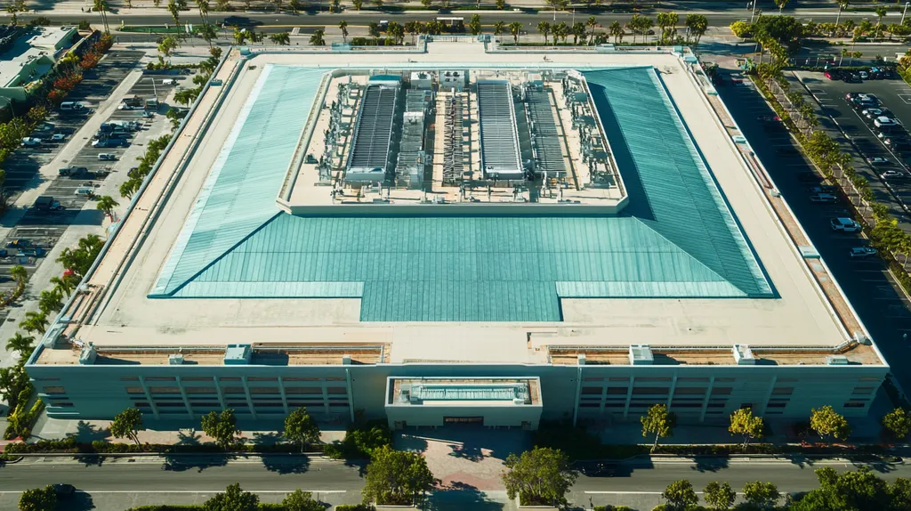 A commercial roof on a convention center in a location similar to Newport Beach with a cross-processed look aesthetic (AI image)